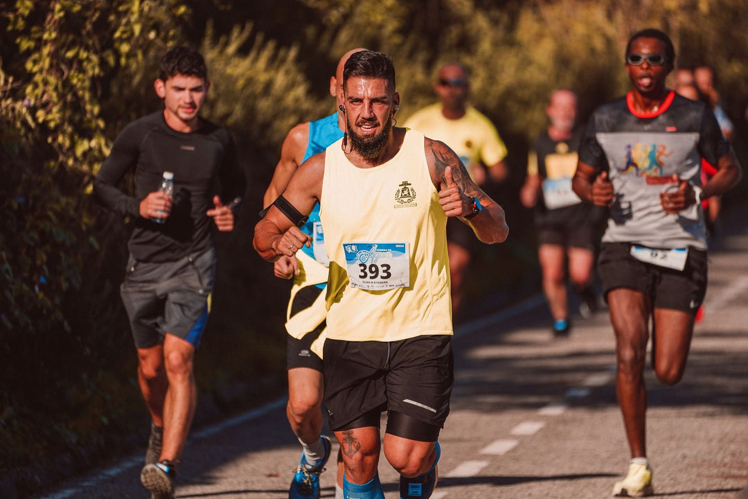 Athletes competing in an exhilarating marathon on a sunny day, showcasing determination and vigor.