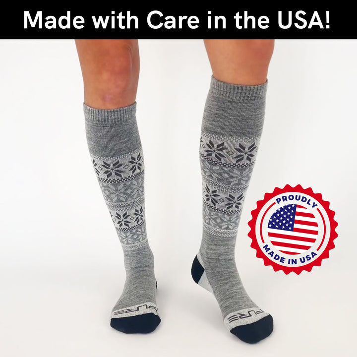 Alpaca Snowflake Ski Socks in Grey, worn, made with care in the USA
