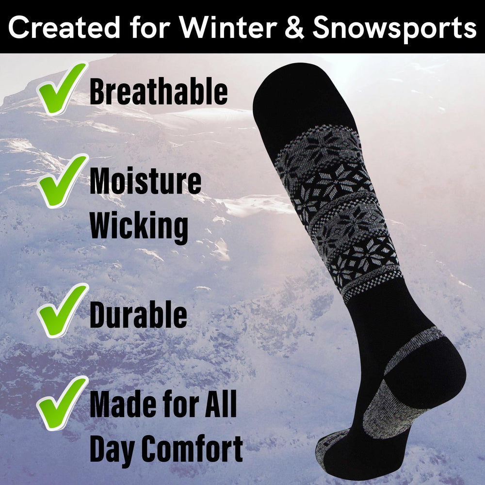 Alpaca snowflake ski sock features: breathable, moisture-wicking, durable, made for all-day comfort