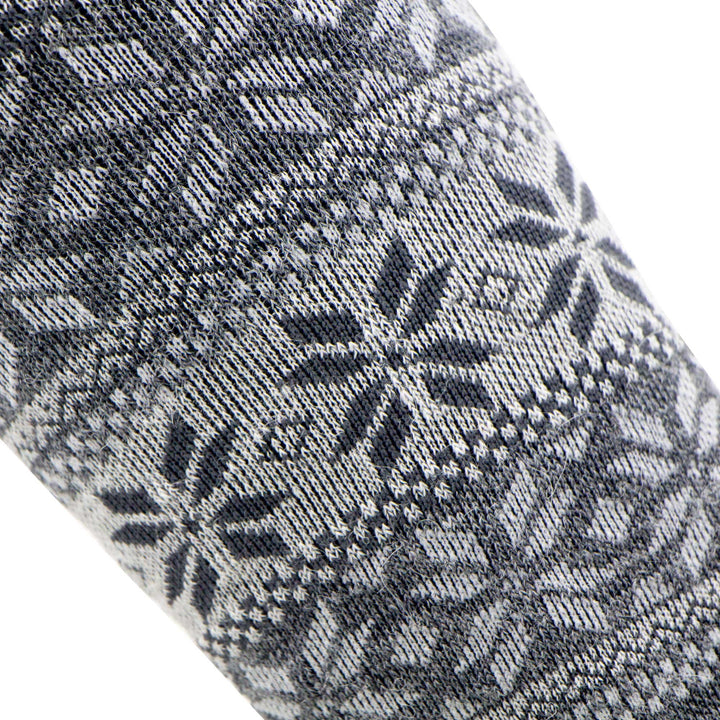 Close-up of the snowflake knit pattern on the alpaca ski sock