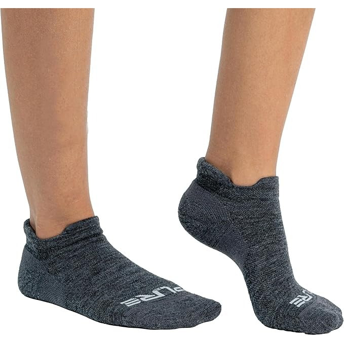 Alpaca Wool No Show Running Socks in Charcoal, worn with running shoes