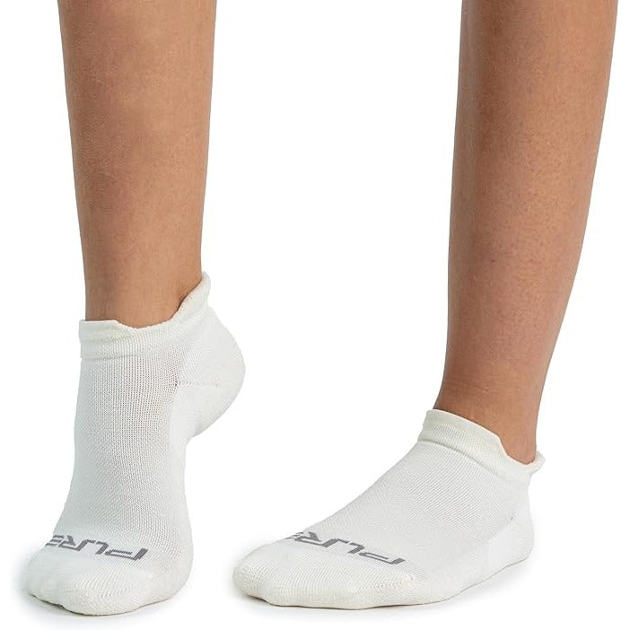Alpaca Wool No Show Running Socks in Cream, worn with running shoes