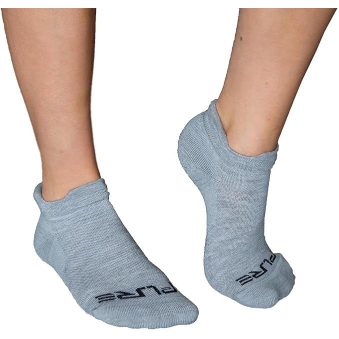 Alpaca Wool No Show Running Socks in Light Grey, worn with running shoes