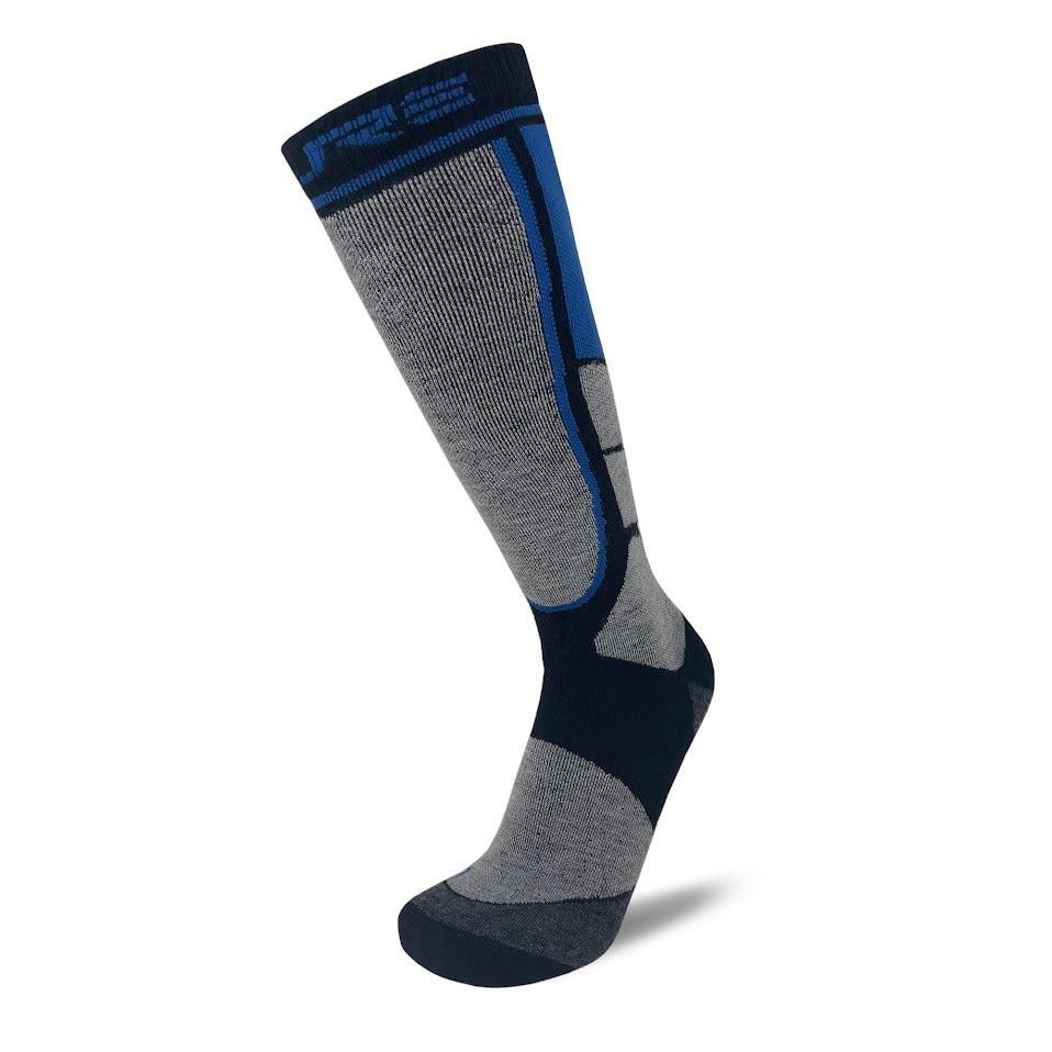 USA Made Alpaca Ski Socks in Blue, over-the-calf, side view
