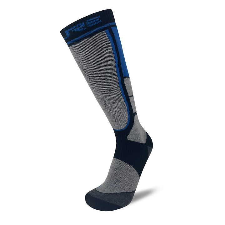 USA Made Alpaca Ski Socks in Blue, over-the-calf, side view