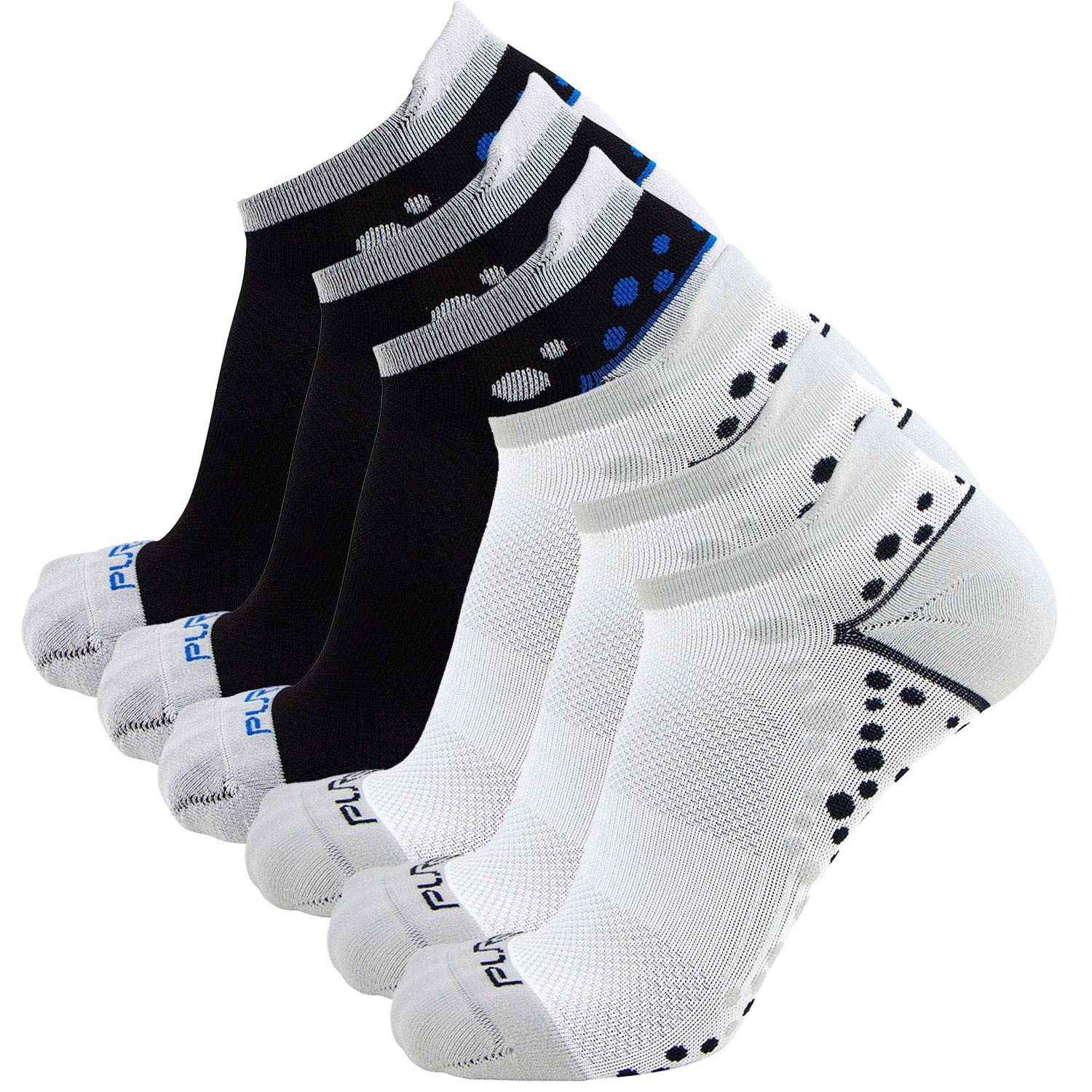 Pure Athlete No Show Anti Blister Running Socks Moisture Wicking Sport Socks for Men Women L XL 6 Pack Black Blue 3 White Black 3